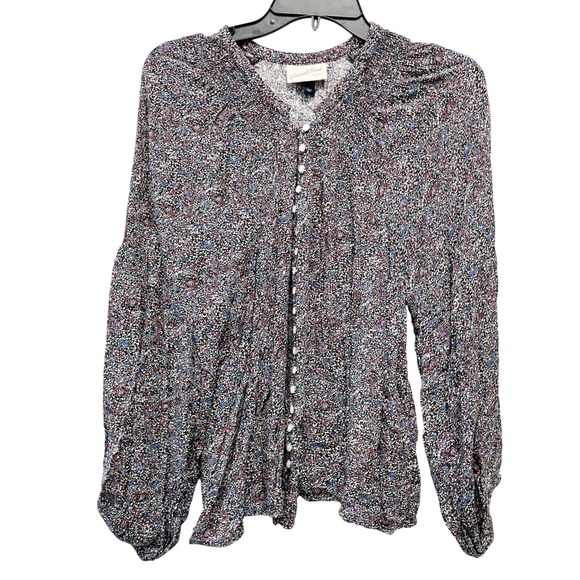 Universal Thread Women's Floral Blue Burgundy Button Front Blouse Size L - Picture 2 of 6